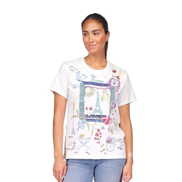 Johnny Was Paris Crew Tee Short Floral Embroidered Cotton Shirt Top White NEW